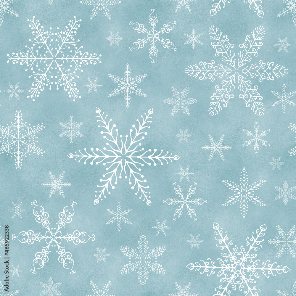 Snowflakes seamless repeat pattern on watercolor background. Christmas and New Year ornamental print