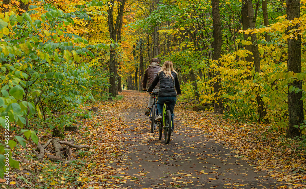 people cycling in the autumn park, riding on the tracks.