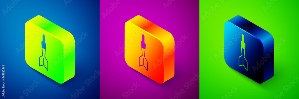 Isometric Dart arrow icon isolated on blue, purple and green background. Square button. Vector Isometric Dart arrow icon isolated on blue, purple and green background. Square button. Vector