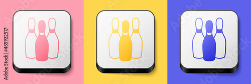 Isometric Bowling pin icon isolated on pink, yellow and blue background. Juggling clubs, circus skittles. Square button. Vector