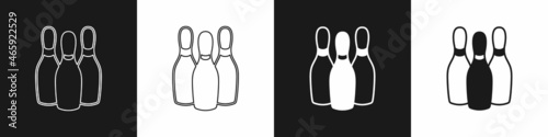 Set Bowling pin icon isolated on black and white background. Juggling clubs, circus skittles. Vector