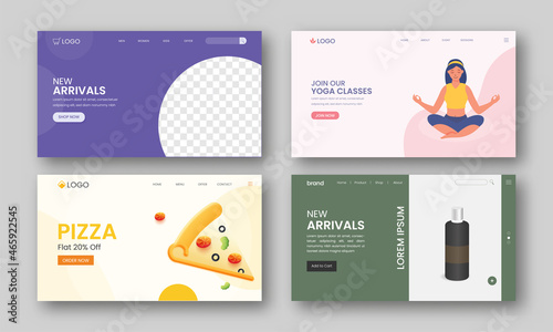 Set Of Landing Page Or Hero Image For Pizza, New Arrivals And Yoga Classes.