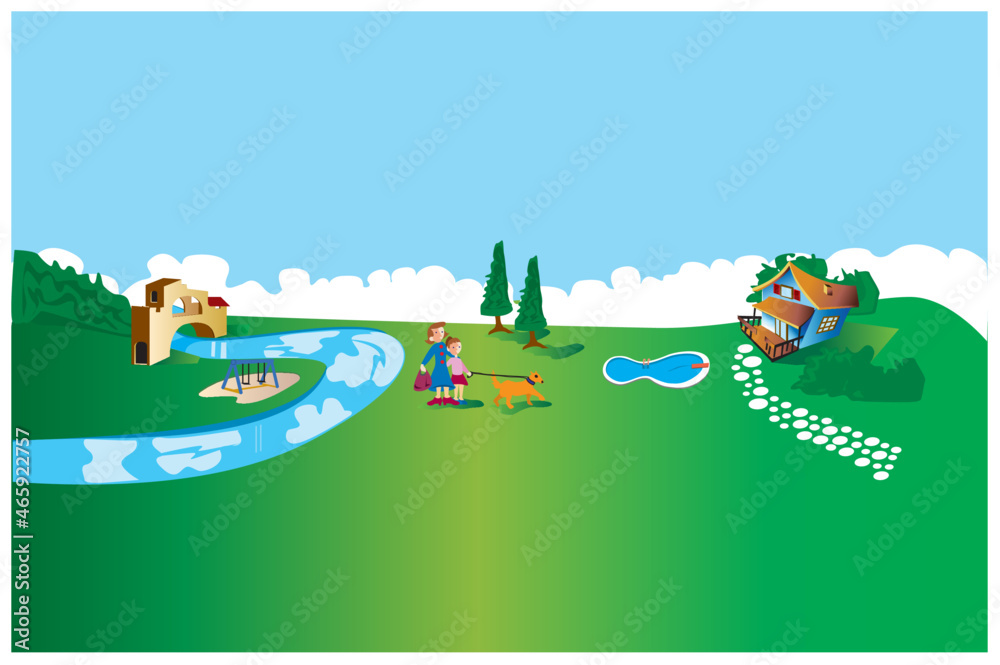 Obraz premium Relaxing illstration of a landscape perfect for primary school and nursery wall decoration, vector file