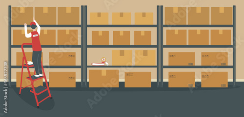 Warehouse or storeroom: storekeeper on ladder near rack with cardboard boxes.Cargo in packages, tape dispenser and folders on shelf, staircase.Place of work for warehouseman.Vector illustration