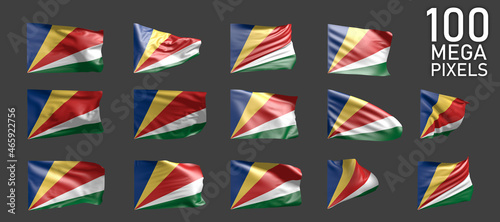 Seychelles flag isolated - different images of the waving flag on grey background - object 3D illustration