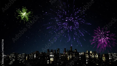 Fireworks at night, over the bay of the city.Digital animation of Colorful fireworks exploding over city.Real Fireworks on Deep Black Background Sky on Fireworks festival show over skyscrapers. photo