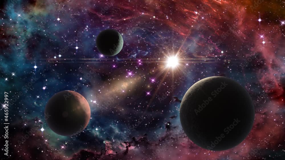 Space background slowly moving through universe among planets galaxies stars and nebulae