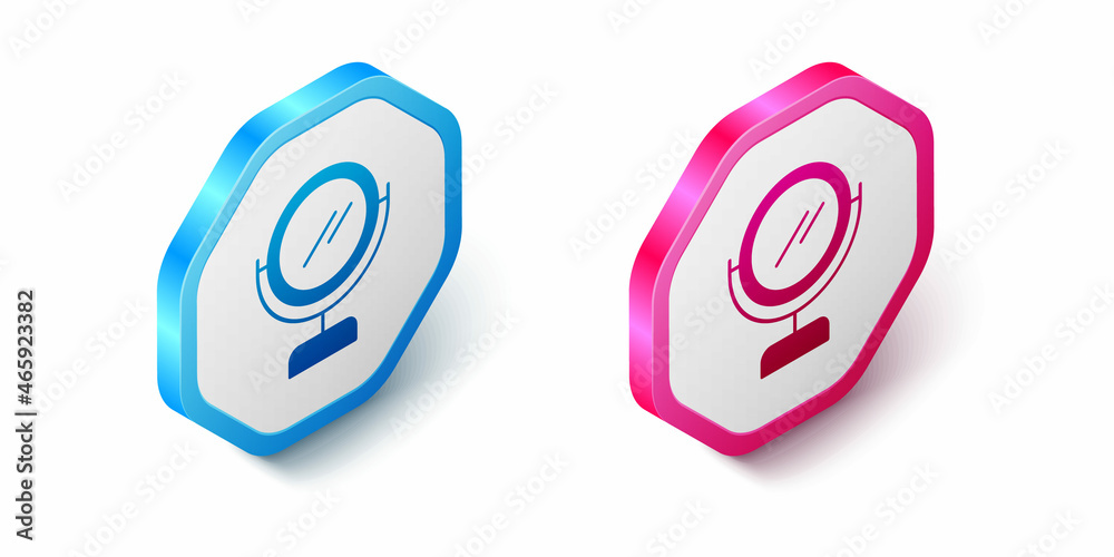 Isometric Round makeup mirror icon isolated on white background. Hexagon button. Vector Isometric Round makeup mirror icon isolated on white background. Hexagon button. Vector