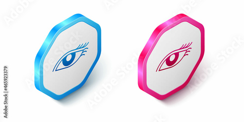 Isometric Beautiful woman eye icon isolated on white background. Hexagon button. Vector
