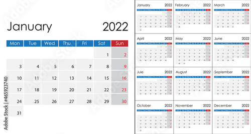 Simple Calendar 2022 on English language, week start on Monday.