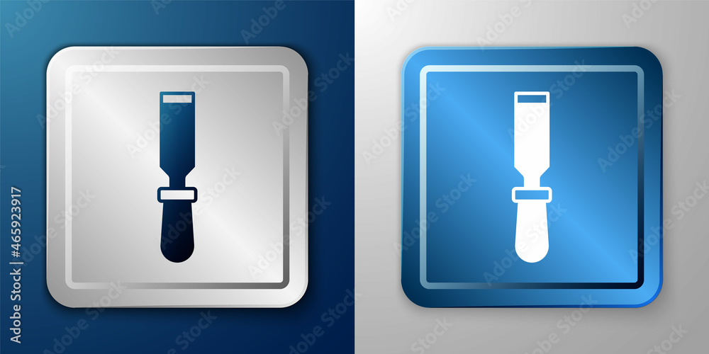 White Chisel tool for wood icon isolated on blue and grey background. Silver and blue square button. Vector White Chisel tool for wood icon isolated on blue and grey background. Silver and blue square button. Vector