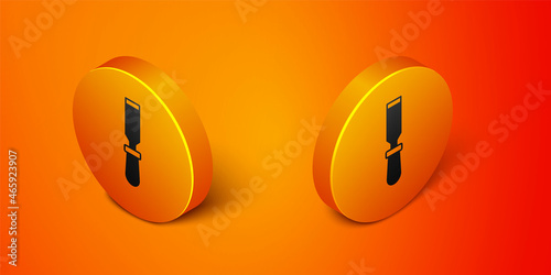 Isometric Chisel tool for wood icon isolated on orange background. Orange circle button. Vector
