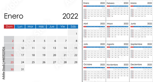 Simple Calendar 2022 on Spanish language, week start on Sunday.