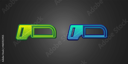 Green and blue Hacksaw icon isolated on black background. Metal saw for wood and metal. Vector
