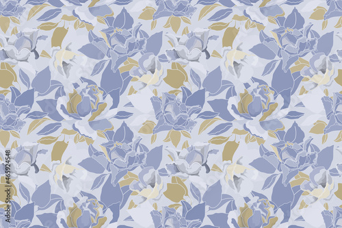 Vector floral pastel seamless pattern. Blue and golden roses and leaves isolated on a light background. For decorative design of any surfaces.