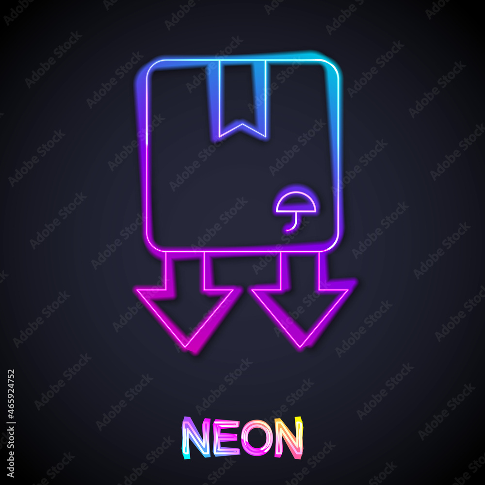 Glowing neon line Cardboard box with traffic symbol icon isolated on black background. Box, package, parcel sign. Delivery, transportation and shipping. Vector Glowing neon line Cardboard box with traffic symbol icon isolated on black background. Box, package, parcel sign. Delivery, transportation and shipping. Vector