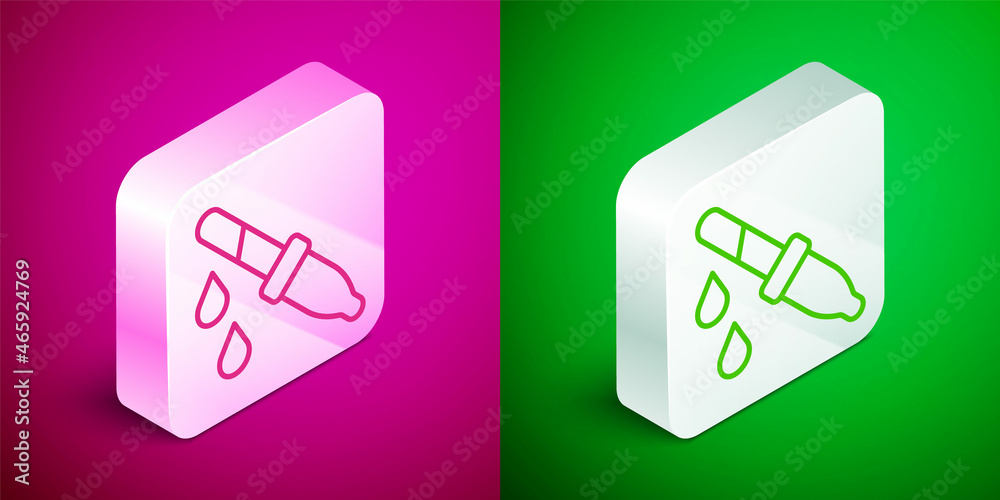 Isometric line Pipette icon isolated on pink and green background. Element of medical, chemistry lab equipment. Medicine symbol. Silver square button. Vector Isometric line Pipette icon isolated on pink and green background. Element of medical, chemistry lab equipment. Medicine symbol. Silver square button. Vector
