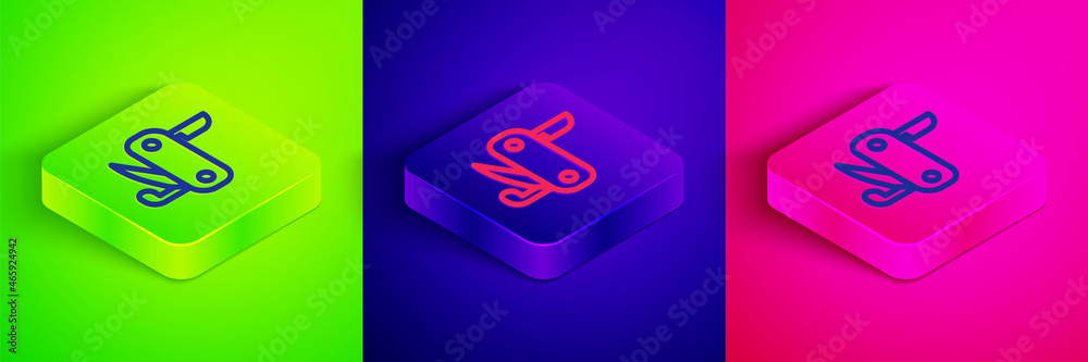 Isometric line Swiss army knife icon isolated on green, blue and pink background. Multi-tool, multipurpose penknife. Multifunctional tool. Square button. Vector Isometric line Swiss army knife icon isolated on green, blue and pink background. Multi-tool, multipurpose penknife. Multifunctional tool. Square button. Vector