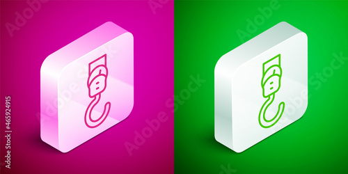 Isometric line Spring scale icon isolated on pink and green background. Balance for weighing. Determination of weight. Silver square button. Vector