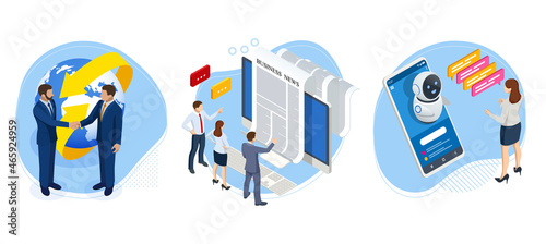 Isometric business news. Chat bot and future marketing. AI and business IOT concept.