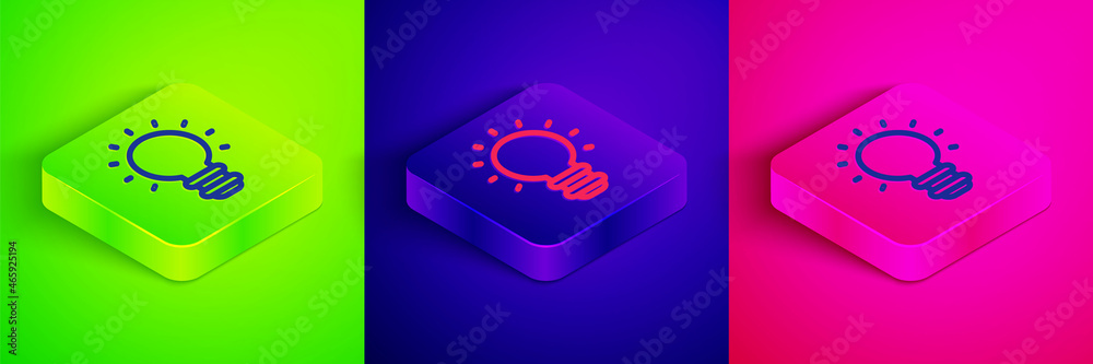 Isometric line Creative lamp light idea icon isolated on green, blue and pink background. Concept ideas inspiration, invention, effective thinking, knowledge and education. Square button. Vector Isometric line Creative lamp light idea icon isolated on green, blue and pink background. Concept ideas inspiration, invention, effective thinking, knowledge and education. Square button. Vector
