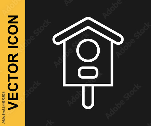 White line Bird house icon isolated on black background. Nesting box birdhouse, homemade building for birds. Vector