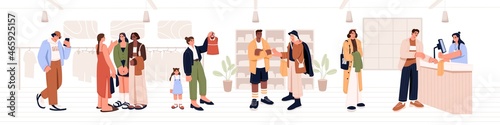 Customers standing in queue to counter with shop assistant. People waiting in line in retail store to buy fashion clothes. Buyers with purchases inside modern mall. Colored flat vector illustration