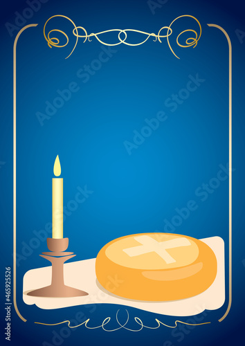 blue postcard with candle and ritual bread for Slava holiday - vector background