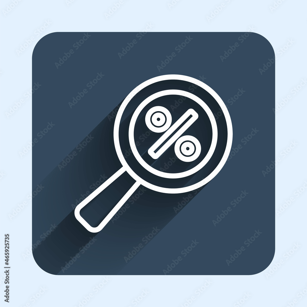 White line Magnifying glass with percent discount icon isolated with long shadow background. Discount offers searching. Search for discount sale sign. Blue square button. Vector White line Magnifying glass with percent discount icon isolated with long shadow background. Discount offers searching. Search for discount sale sign. Blue square button. Vector