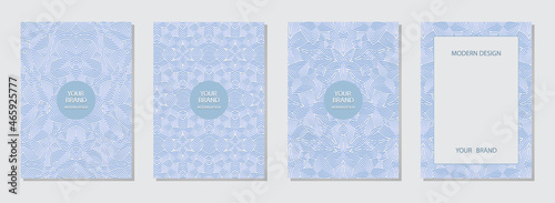 Set of cover design, vertical templates. Geometric volumetric convex ethnic 3D pattern, collection of embossed artistic blue backgrounds with copy space for text. Oriental, Indonesian, Mexican, Aztec 