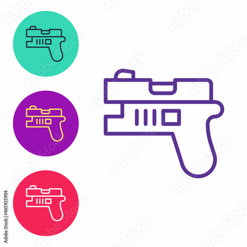 Set line Futuristic space gun blaster icon isolated on white background. Laser Handgun. Alien Weapon. Set icons colorful. Vector