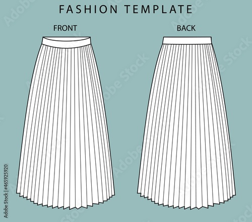 pleated skirt front and back view. fashion flat sketch template