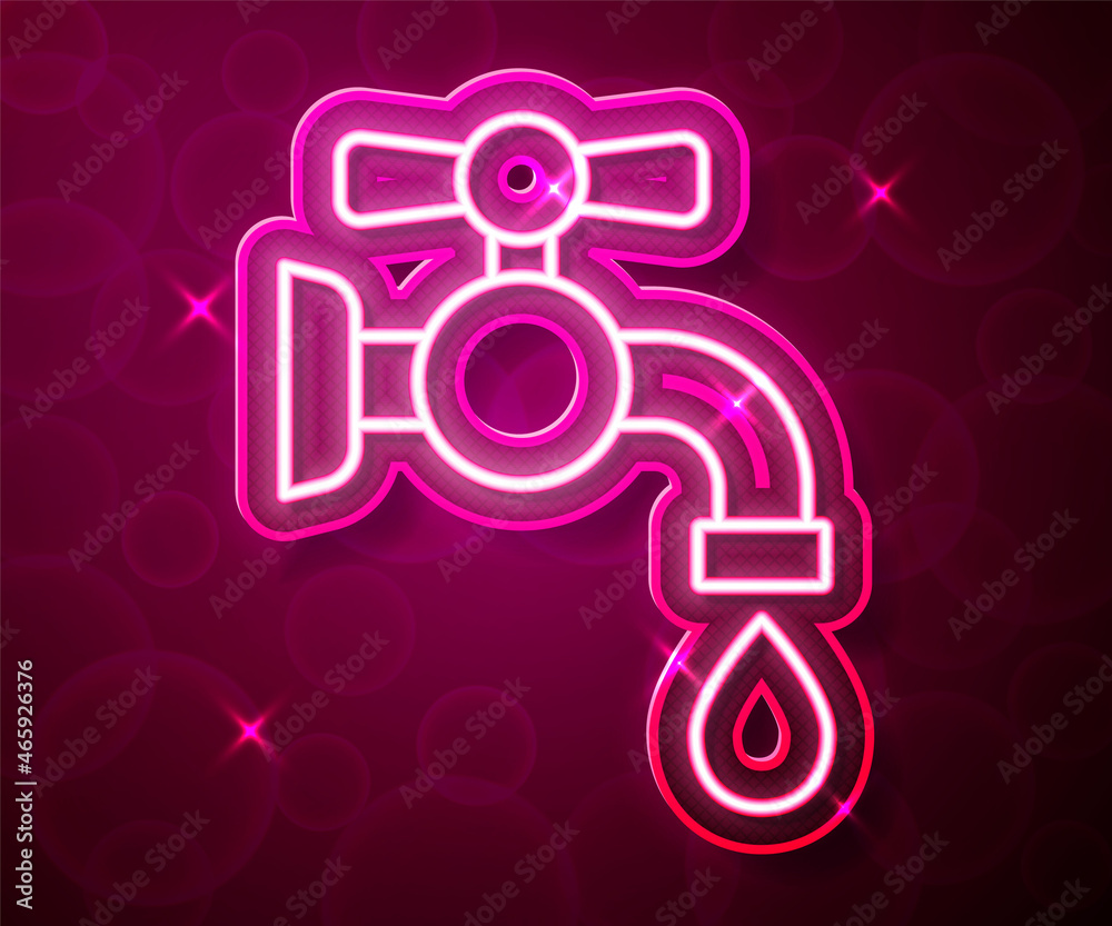 Glowing neon line Water tap icon isolated on red background. Vector