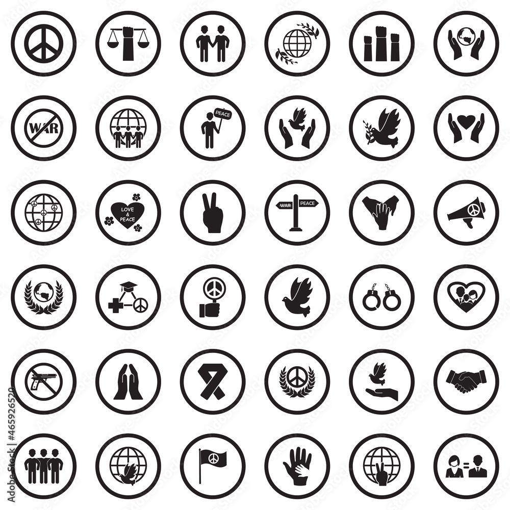Peace Icons. Black Flat Design In Circle. Vector Illustration.