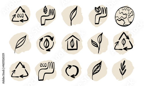 Ecological, natural production, construction, reusable energy line art icons set. Hands holding leaves, recycle symbols.