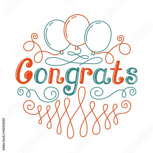 Congrats lettering. Color text for greeting card or baloon. Print for party. Line tracery