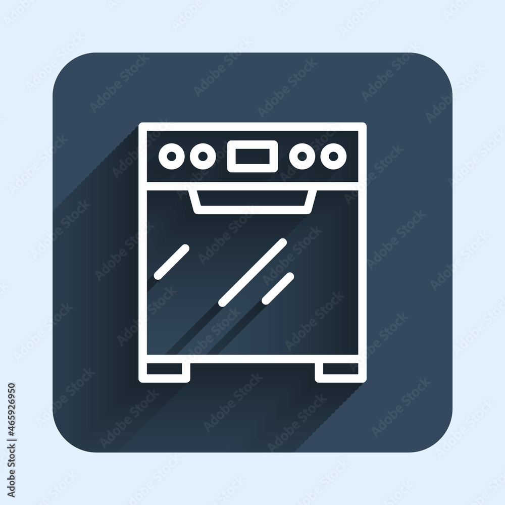 White line Oven icon isolated with long shadow background. Stove gas oven sign. Blue square button. Vector White line Oven icon isolated with long shadow background. Stove gas oven sign. Blue square button. Vector