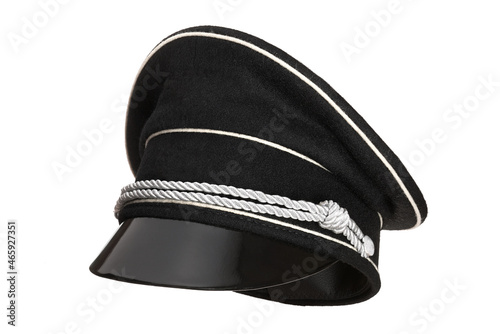 Black military cap on white background. Maybe this is a headdress of the German army during the Second World War or a naval officer.