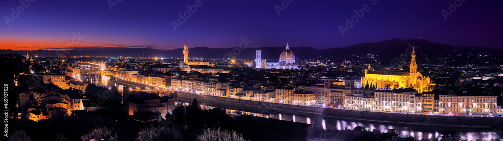 Aerial view of Florence, sunset, Arno river, Santa Maria del Fiore