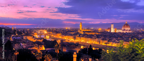 Aerial view of Florence, sunset, Arno river, Santa Maria del Fiore