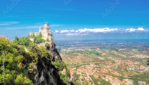 San Marino castle on a cliff during the day  sunny