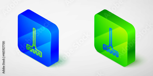 Isometric line Garden rake icon isolated on grey background. Tool for horticulture, agriculture, farming. Ground cultivator. Housekeeping equipment. Blue and green square button. Vector