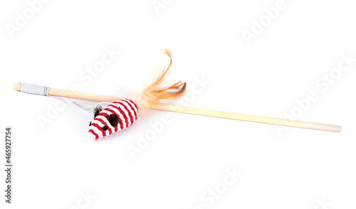 Cat toy string with stick and feather tail  isolated on white background. Cat toy with rat or mouse doll animal shape with wood stick isolated