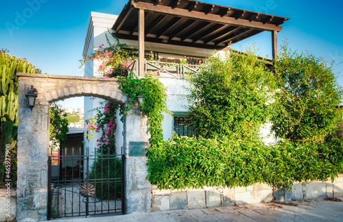 View of a Beautiful House Exterior a on a Turkey Street, lots of greenery, trees, flowers, good for living, eco-friendly, beautiful architecture photo