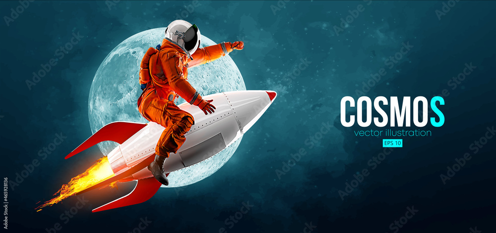 Astronaut on a rocket on the background of the moon and space. Vector illustration - obrazy, fototapety, plakaty 