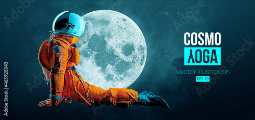 Astronaut doing yoga on the background of the moon and space. Yoga exercises. Vector illustration