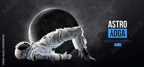 Astronaut doing yoga on the background of the moon and space. Yoga exercises. Vector illustration