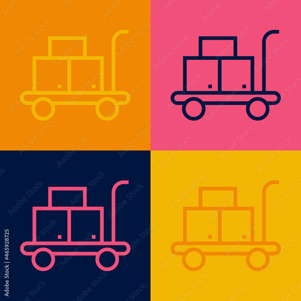 Pop art line Trolley suitcase icon isolated on color background. Traveling baggage sign. Travel luggage icon. Vector Pop art line Trolley suitcase icon isolated on color background. Traveling baggage sign. Travel luggage icon. Vector