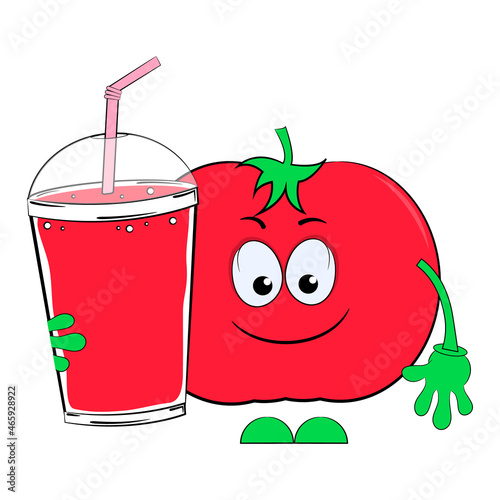 Tomato juice and cartoon red tomato. Vector illustration on a white background.