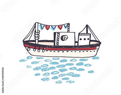 Drawing of ship  ferry or ferryboat with mast floating on ocean waves. Marine vessel or yacht in sea journey  trip or adventure travel. Colorful hand drawn vector illustration in doodle style.